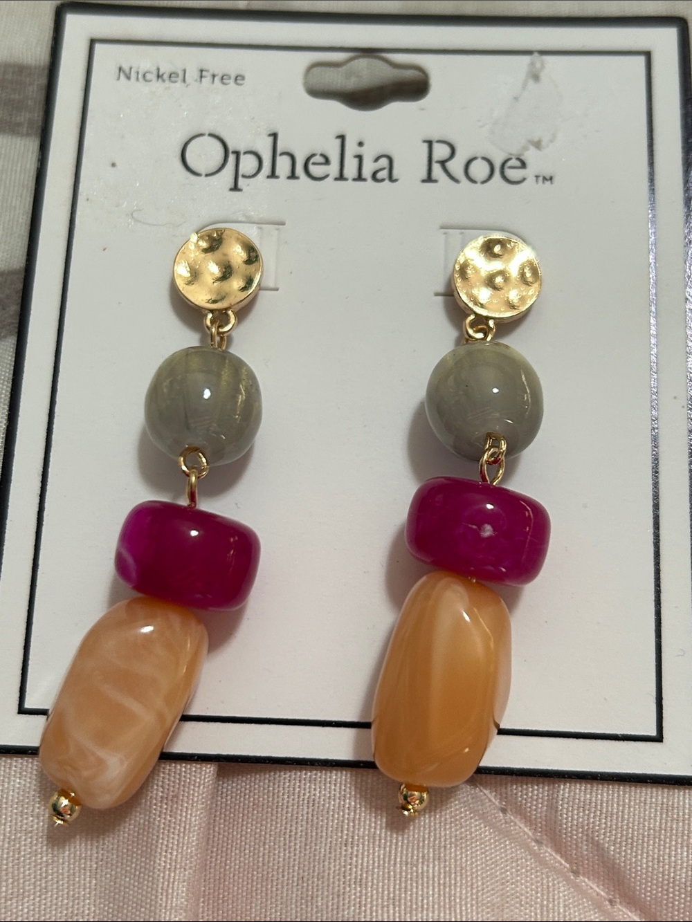 Ophelia Roe Gold, Pink & Cream Beaded Drop Earrings NWT